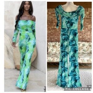 Club L London Bardot Jumpsuit Off the Shoulder Flared Mesh Blue Mint Glam NWT 2